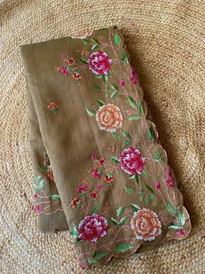 Brown matka silk saree with heavy floral embroidery border with running blouse 3