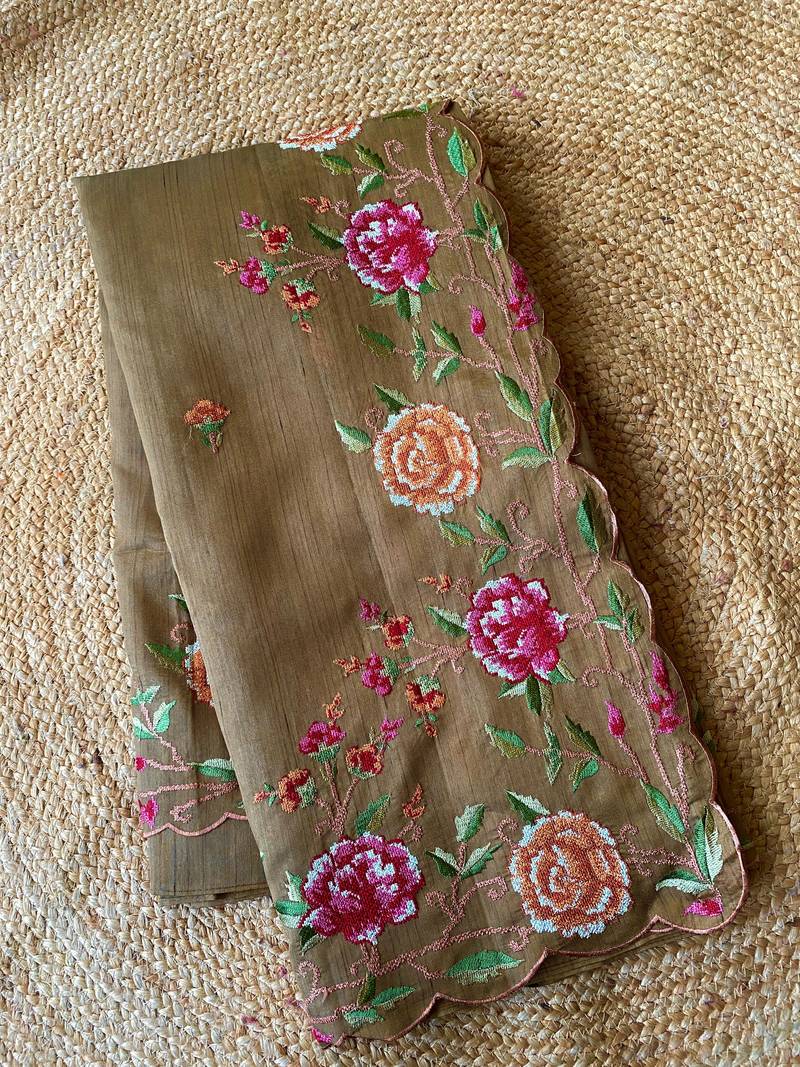 Brown matka silk saree with heavy floral embroidery border with running blouse
