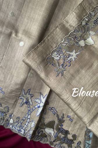 Cream matka silk multi-thread embroidery work saree