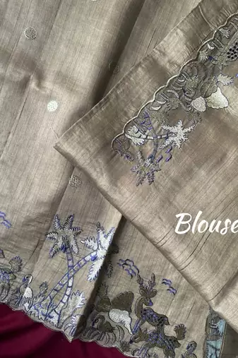 Cream matka silk multi-thread embroidery work saree