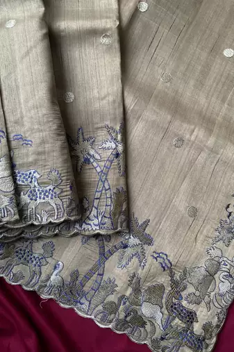 Cream matka silk multi-thread embroidery work saree
