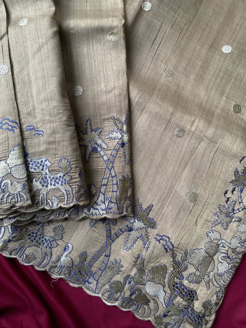 Cream matka silk multi-thread embroidery work saree