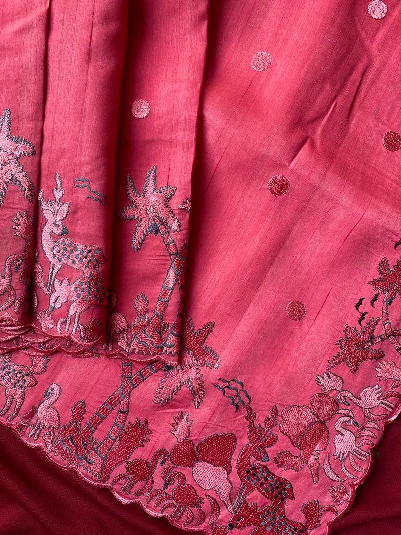 Pink matka silk multi-thread embroidery work saree