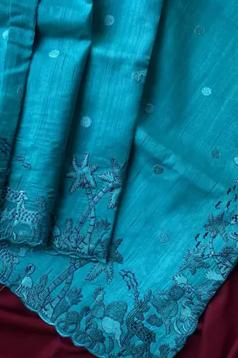 Blue matka silk multi-thread embroidery work saree