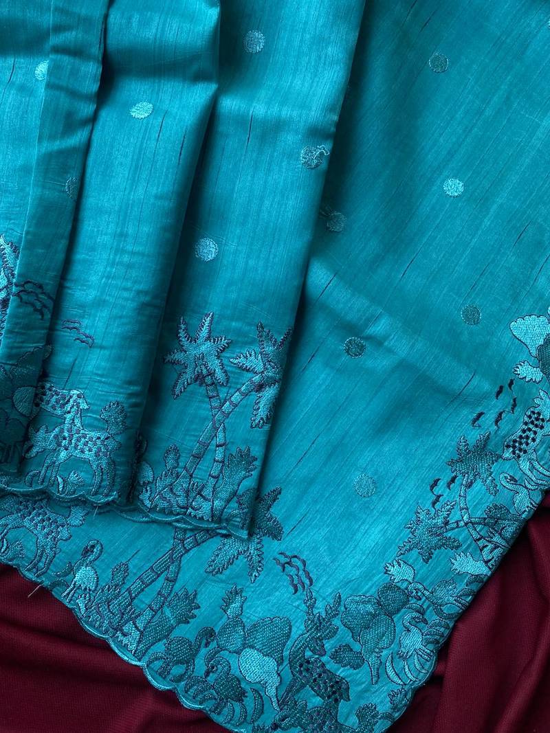 Blue matka silk multi-thread embroidery work saree