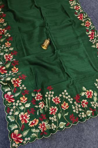 Green matka silk saree with heavy floral embroidery border with running blouse