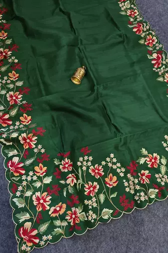 Green matka silk saree with heavy floral embroidery border with running blouse