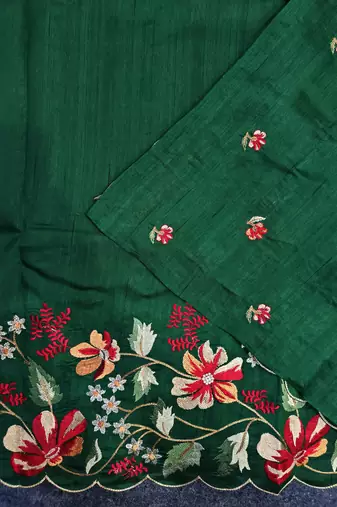 Green matka silk saree with heavy floral embroidery border with running blouse
