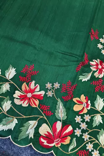 Green matka silk saree with heavy floral embroidery border with running blouse