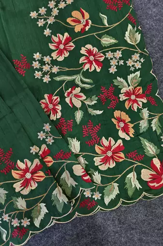 Green matka silk saree with heavy floral embroidery border with running blouse