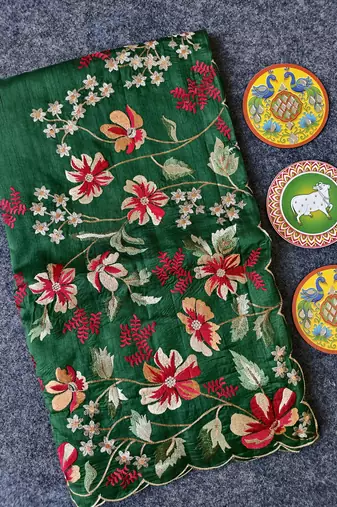 Green matka silk saree with heavy floral embroidery border with running blouse
