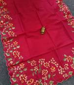 Red matka silk saree with heavy floral embroidery border with running blouse