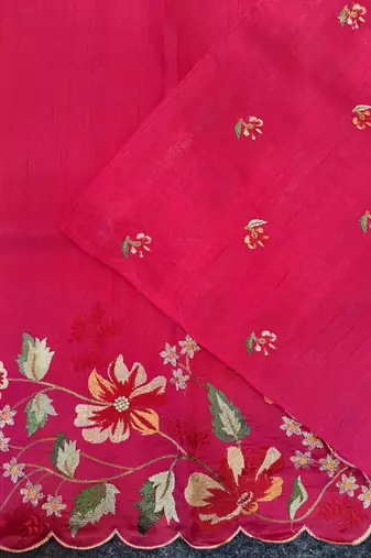 Red matka silk saree with heavy floral embroidery border with running blouse