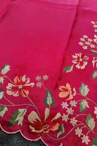 Red matka silk saree with heavy floral embroidery border with running blouse