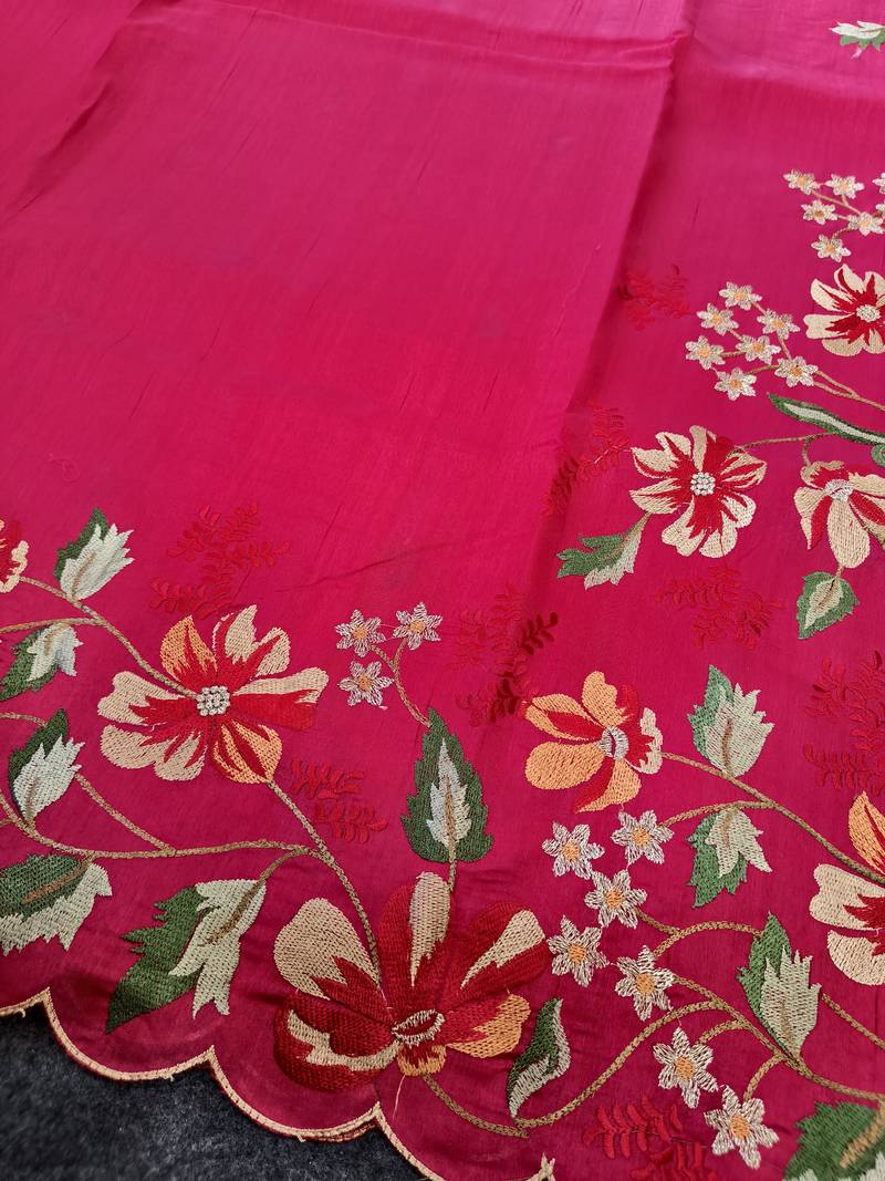 Red matka silk saree with heavy floral embroidery border with running blouse