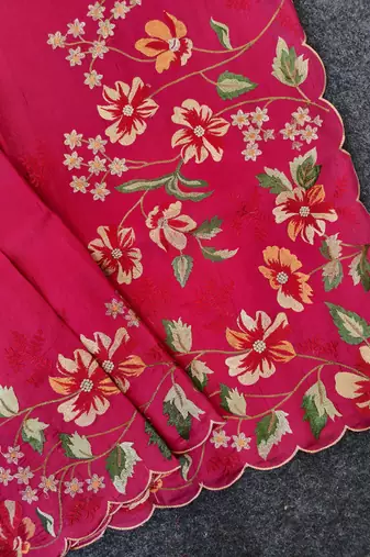 Red matka silk saree with heavy floral embroidery border with running blouse