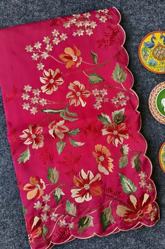 Red matka silk saree with heavy floral embroidery border with running blouse