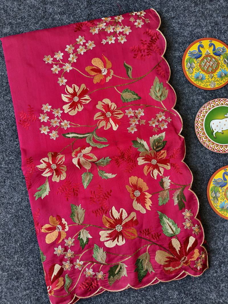 Red matka silk saree with heavy floral embroidery border with running blouse