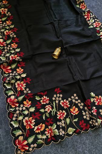 Black matka silk saree with heavy floral embroidery border with running blouse