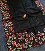 Black matka silk saree with heavy floral embroidery border with running blouse