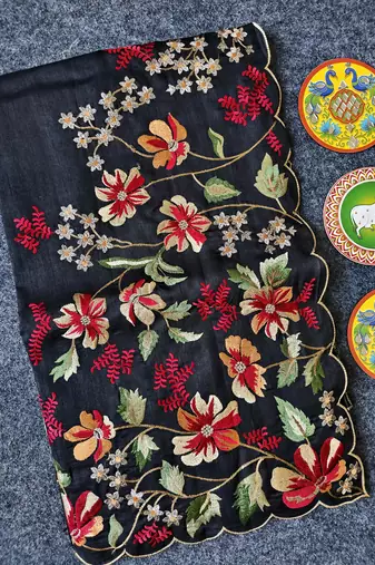 Black matka silk saree with heavy floral embroidery border with running blouse