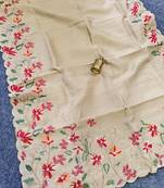 Cream matka silk saree with heavy floral embroidery border with running blouse