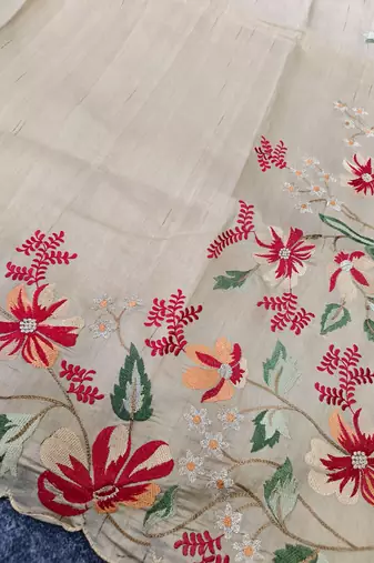 Cream matka silk saree with heavy floral embroidery border with running blouse