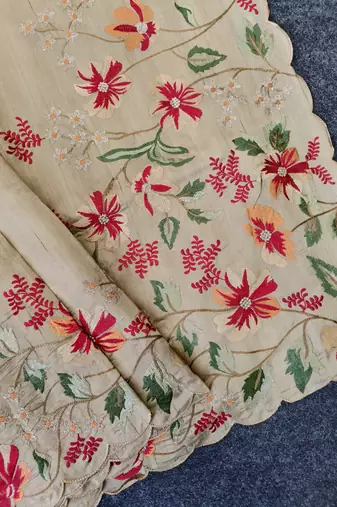 Cream matka silk saree with heavy floral embroidery border with running blouse
