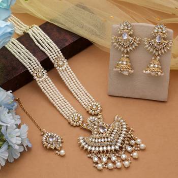 White color long kundan necklace set 1