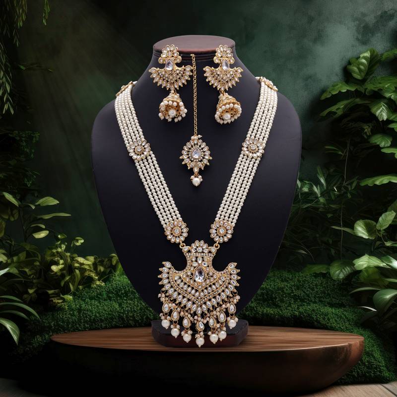 White color long kundan necklace set