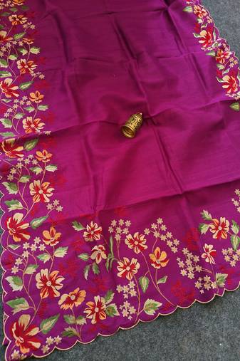 Rani pink matka silk blend saree with heavy floral embroidery border with running blouse