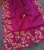 Rani pink matka silk blend saree with heavy floral embroidery border with running blouse