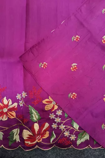 Rani pink matka silk blend saree with heavy floral embroidery border with running blouse