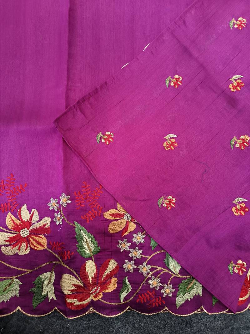 Rani pink matka silk blend saree with heavy floral embroidery border with running blouse