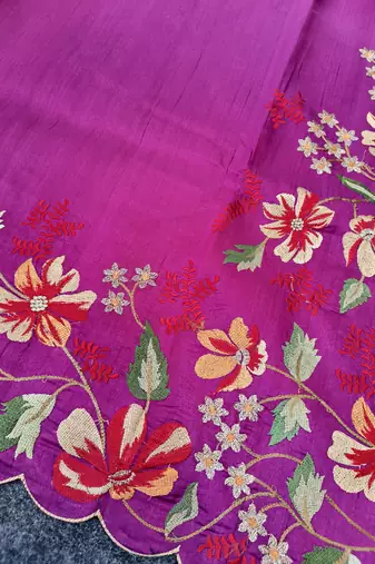 Rani pink matka silk blend saree with heavy floral embroidery border with running blouse