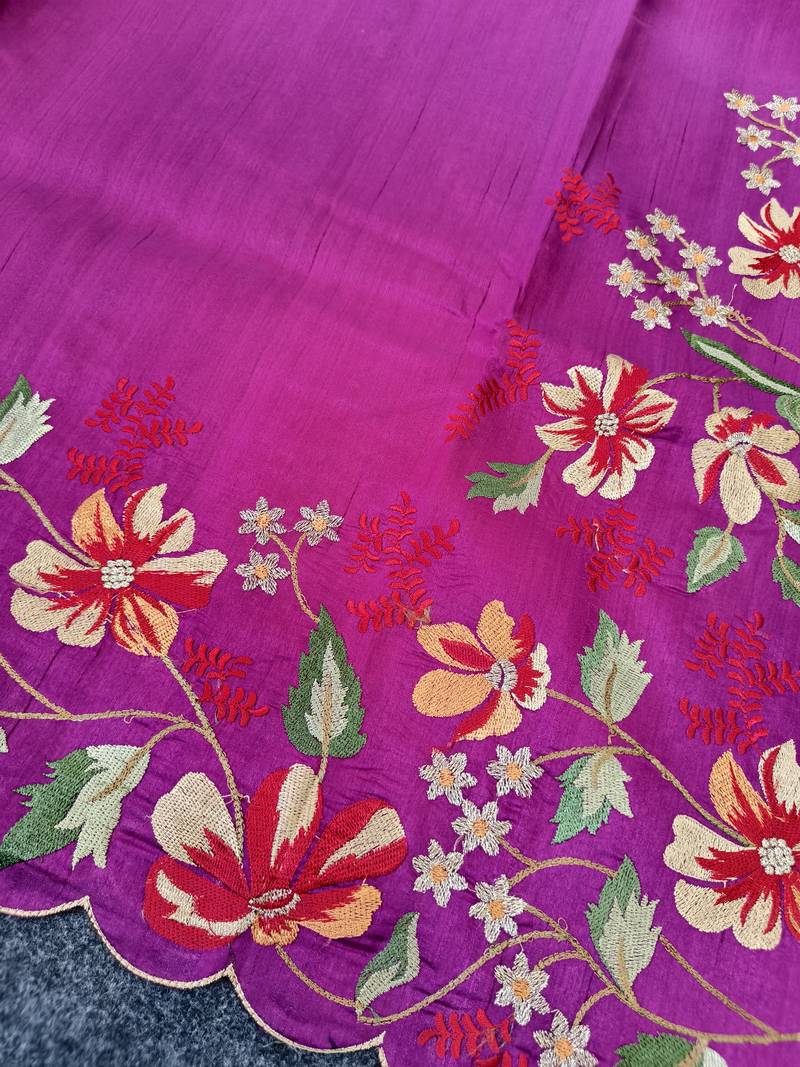 Rani pink matka silk blend saree with heavy floral embroidery border with running blouse