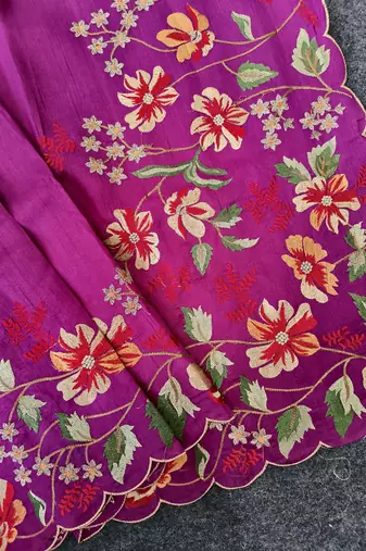 Rani pink matka silk blend saree with heavy floral embroidery border with running blouse
