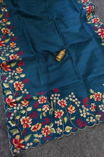 Blue matka silk saree with heavy floral embroidery border with running blouse