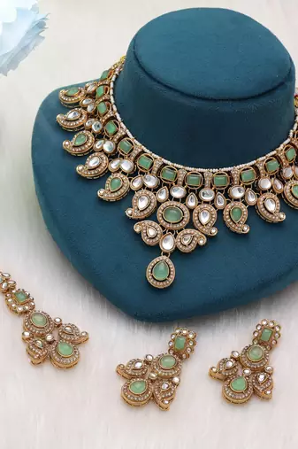 Pista green color kundan necklace set