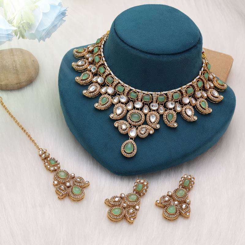 Pista green color kundan necklace set