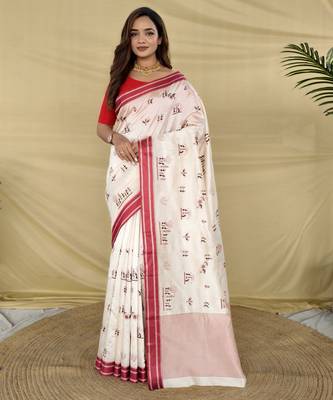 Red color machine woven multi thread work tussar silk saree 1