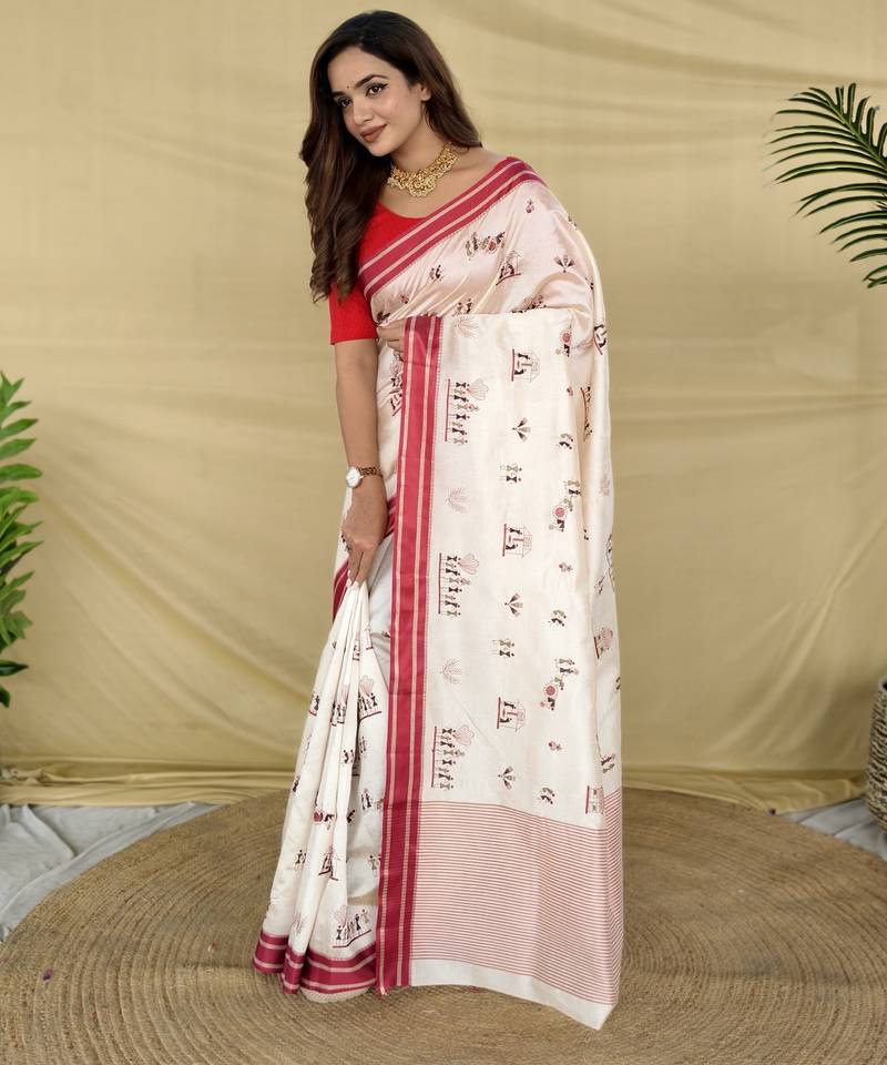 Red color machine woven multi thread work tussar silk saree