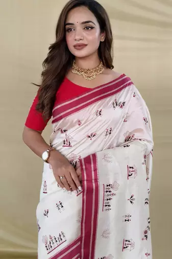 Red color machine woven multi thread work tussar silk saree
