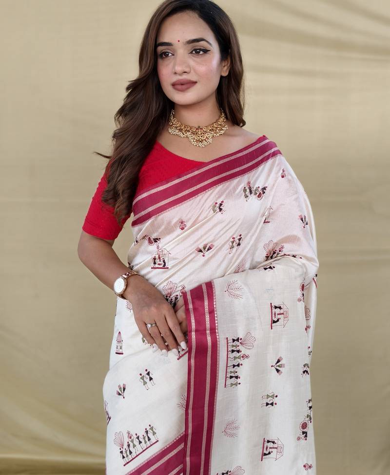 Red color machine woven multi thread work tussar silk saree