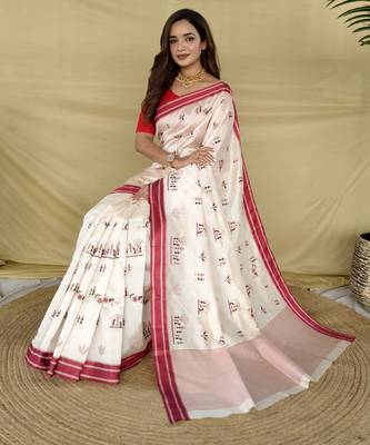 Red color machine woven multi thread work tussar silk saree 4
