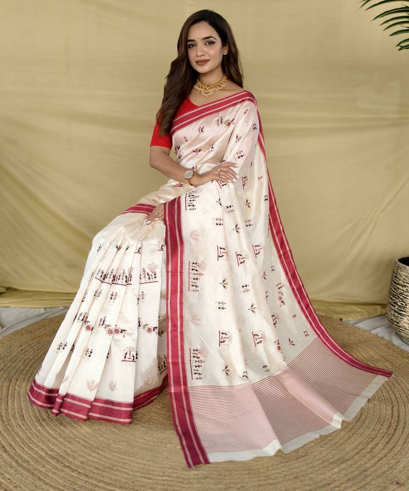 Red color machine woven multi thread work tussar silk saree