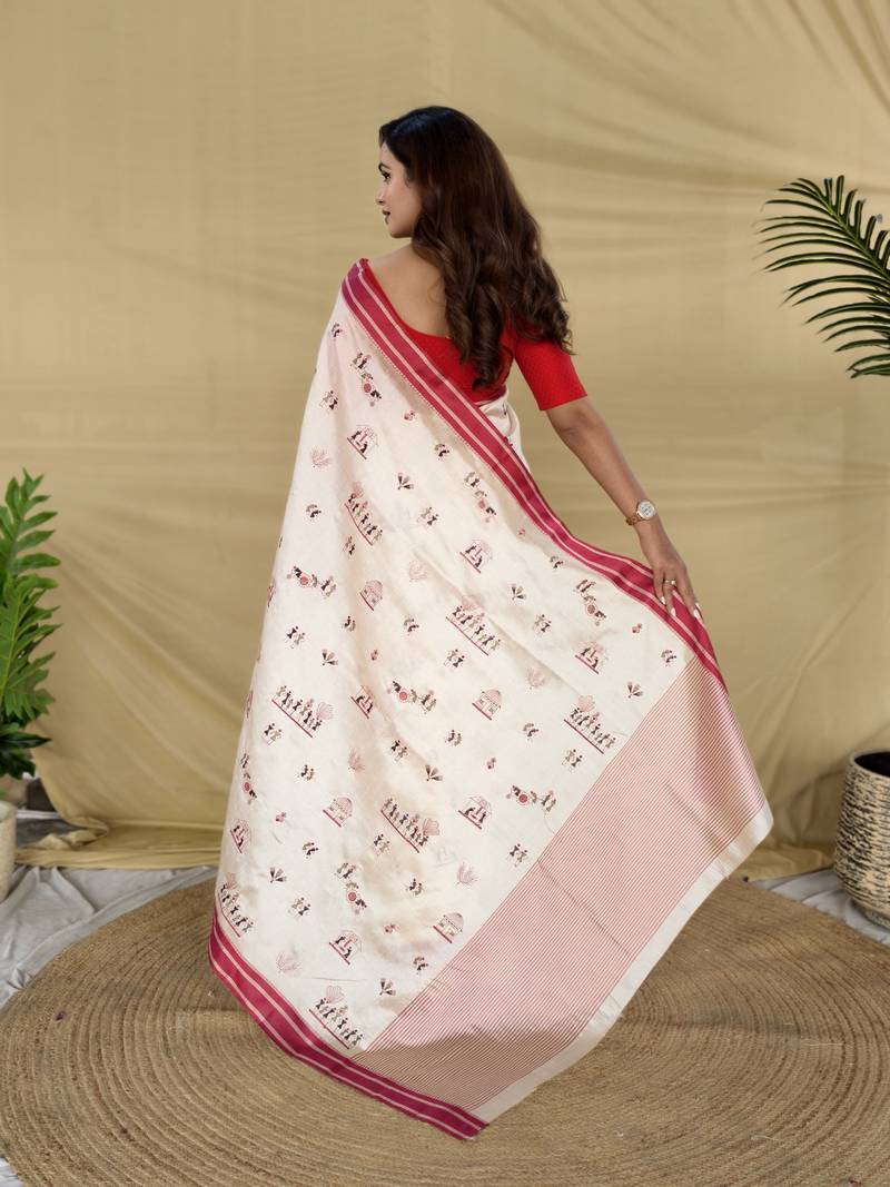 Red color machine woven multi thread work tussar silk saree
