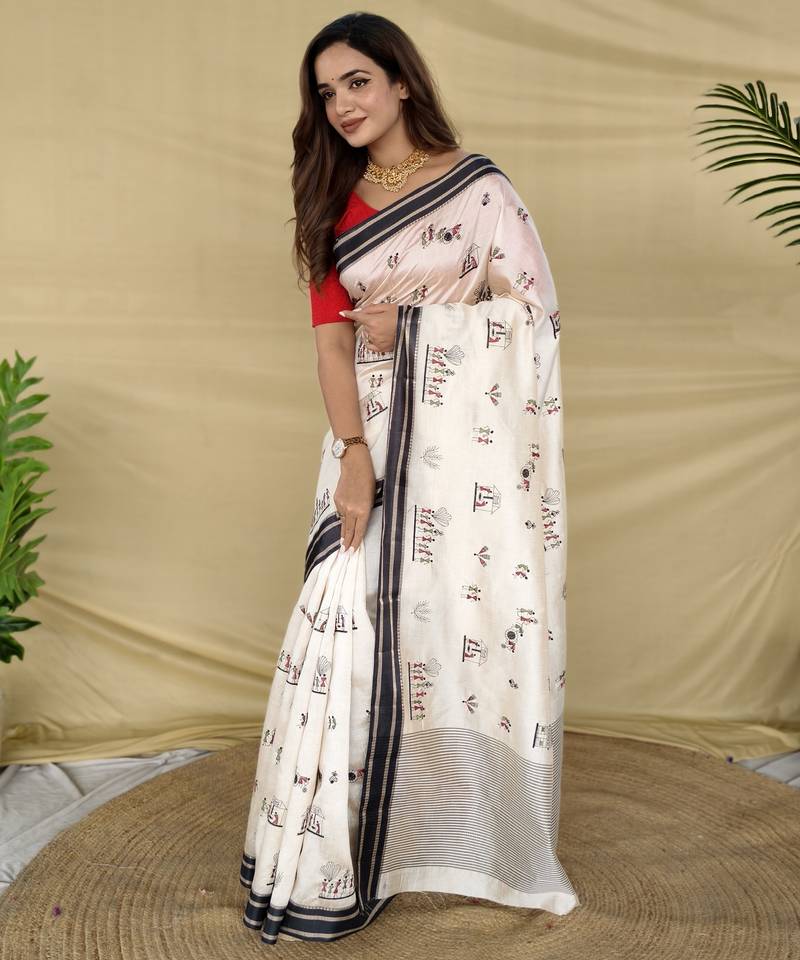 Black color machine woven multi thread work tussar silk saree