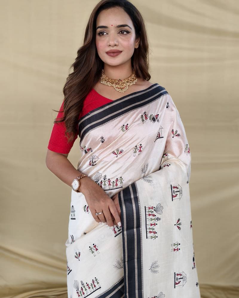 Black color machine woven multi thread work tussar silk saree