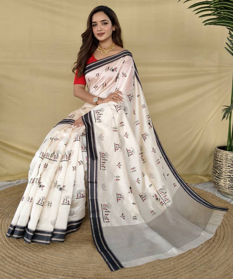 Black color machine woven multi thread work tussar silk saree